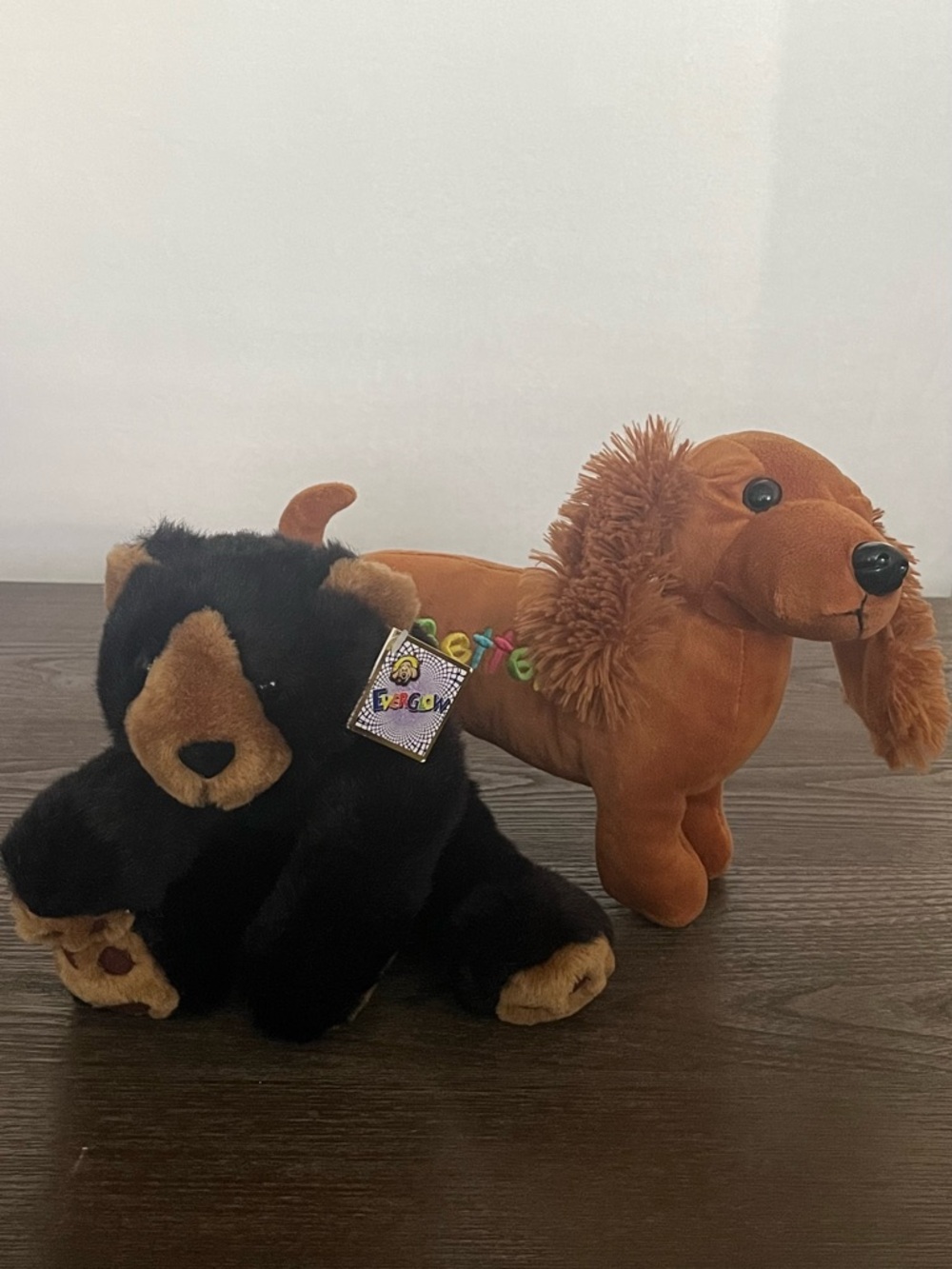 Brown Plush Dachshund & Black Bear Stuffed Animal Duo